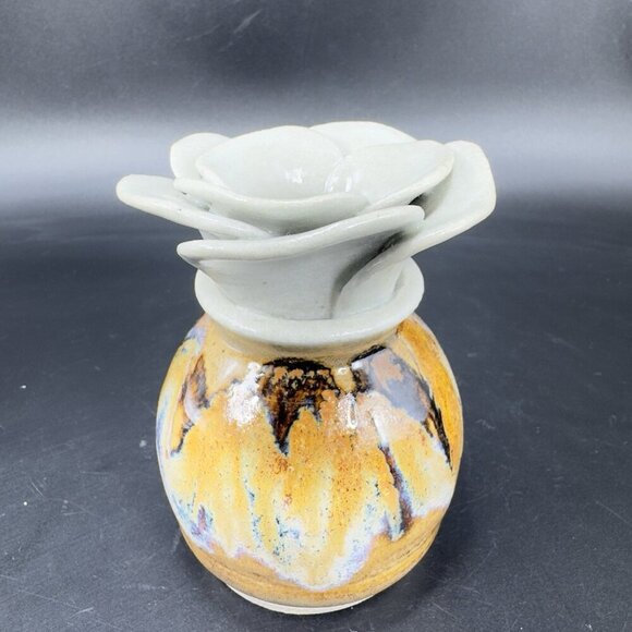 Vintage Studio Pottery Flower Shaped Bud Vase Drip Glaze Stoneware Signed Judy - Picture 11 of 12